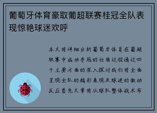 葡萄牙体育豪取葡超联赛桂冠全队表现惊艳球迷欢呼 葡萄牙体育豪取葡超联赛桂冠全队表现惊艳球迷欢呼
